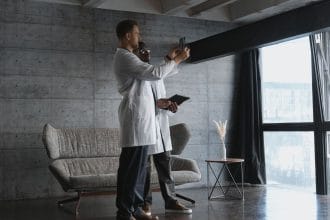 Profissionais de saúde colaboram usando dispositivos digitais em um ambiente moderno.