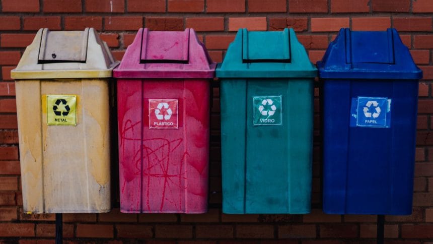 Quatro contêineres coloridos para separação de metal, plástico, vidro e papel diante de uma parede de tijolos.