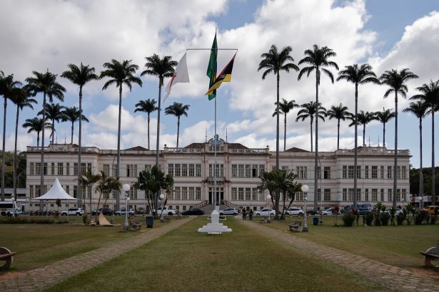 Fachada de um prédio municipal cercado por palmeiras sob céu nublado.