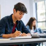 Estudante com mochila utilizando material escolar em sala de aula, sem textos ou marcas visíveis