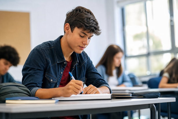 Estudante com mochila utilizando material escolar em sala de aula, sem textos ou marcas visíveis