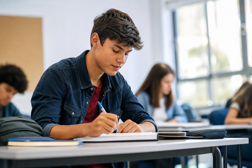 Estudante com mochila utilizando material escolar em sala de aula, sem textos ou marcas visíveis